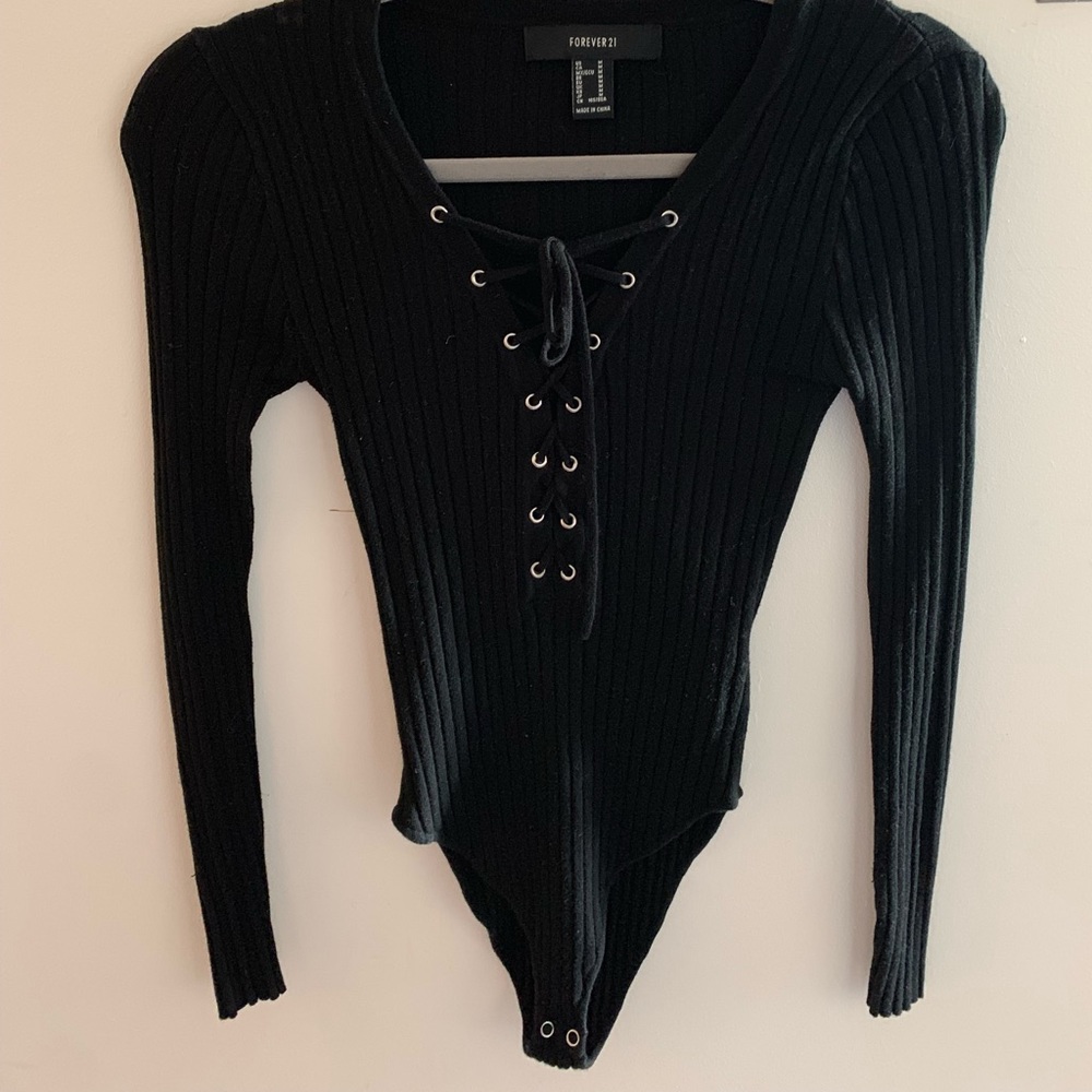 Forever 21 Black lace up sweater bodysuit
